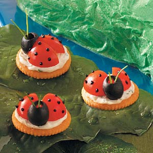 Lady bug cracker and vegetable snack for kids.