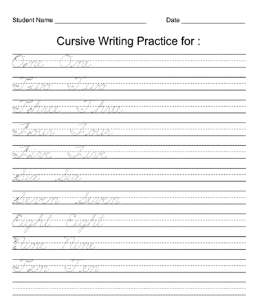 Cursive words handwriting practice worksheets